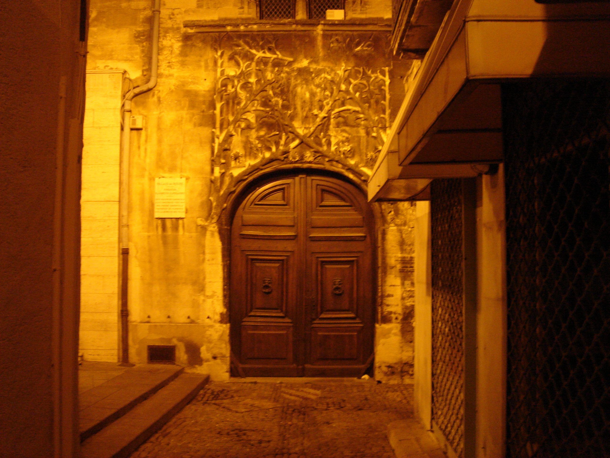 An elaborately carved wooden door framed by Gothic stonework on a narrow street in Avignon at night.