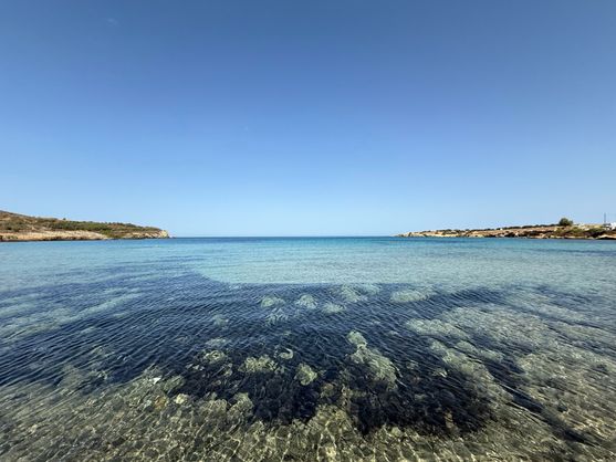 Looking out over the blue Aegean sea into the distance. At our feet there is seaweed visible under the water. The horizon is framed by two headlands. The sky is deep blue and cloudless.