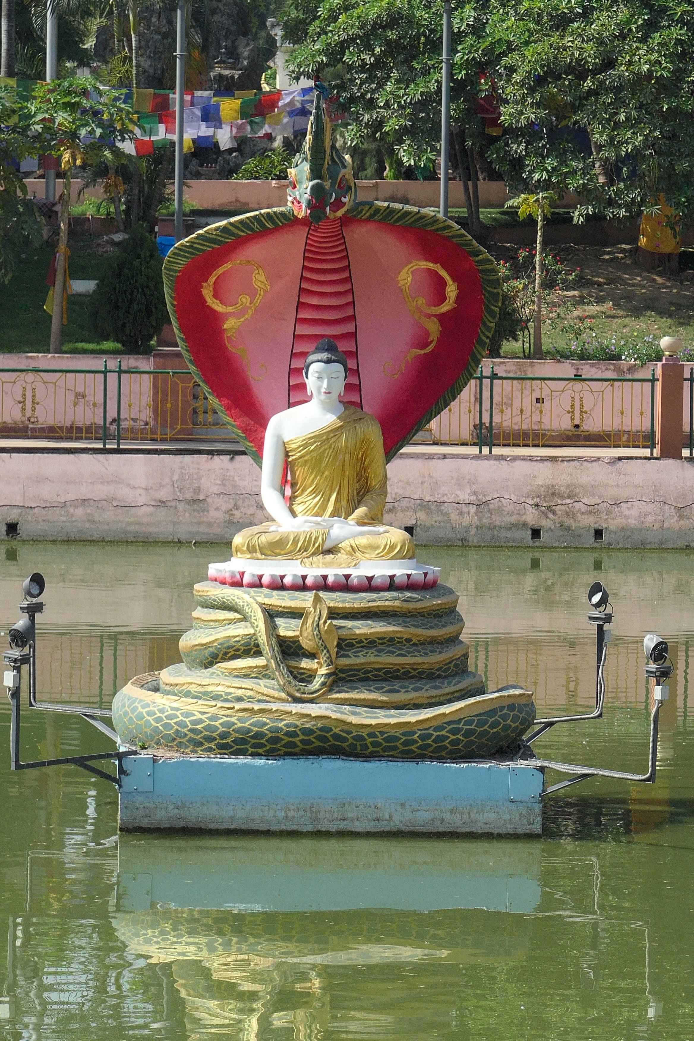 Statue of the Buddha meditating beneath the hood of the serpent king Mucalinda, surrounded by water and lights, in Bodhgaya.