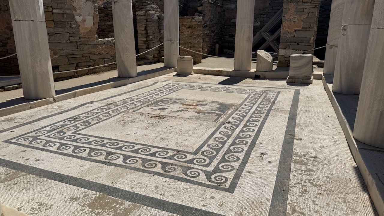 A damaged mosaic of Dionysus and a lion, surrounded by columns, in the house of Dionysus.