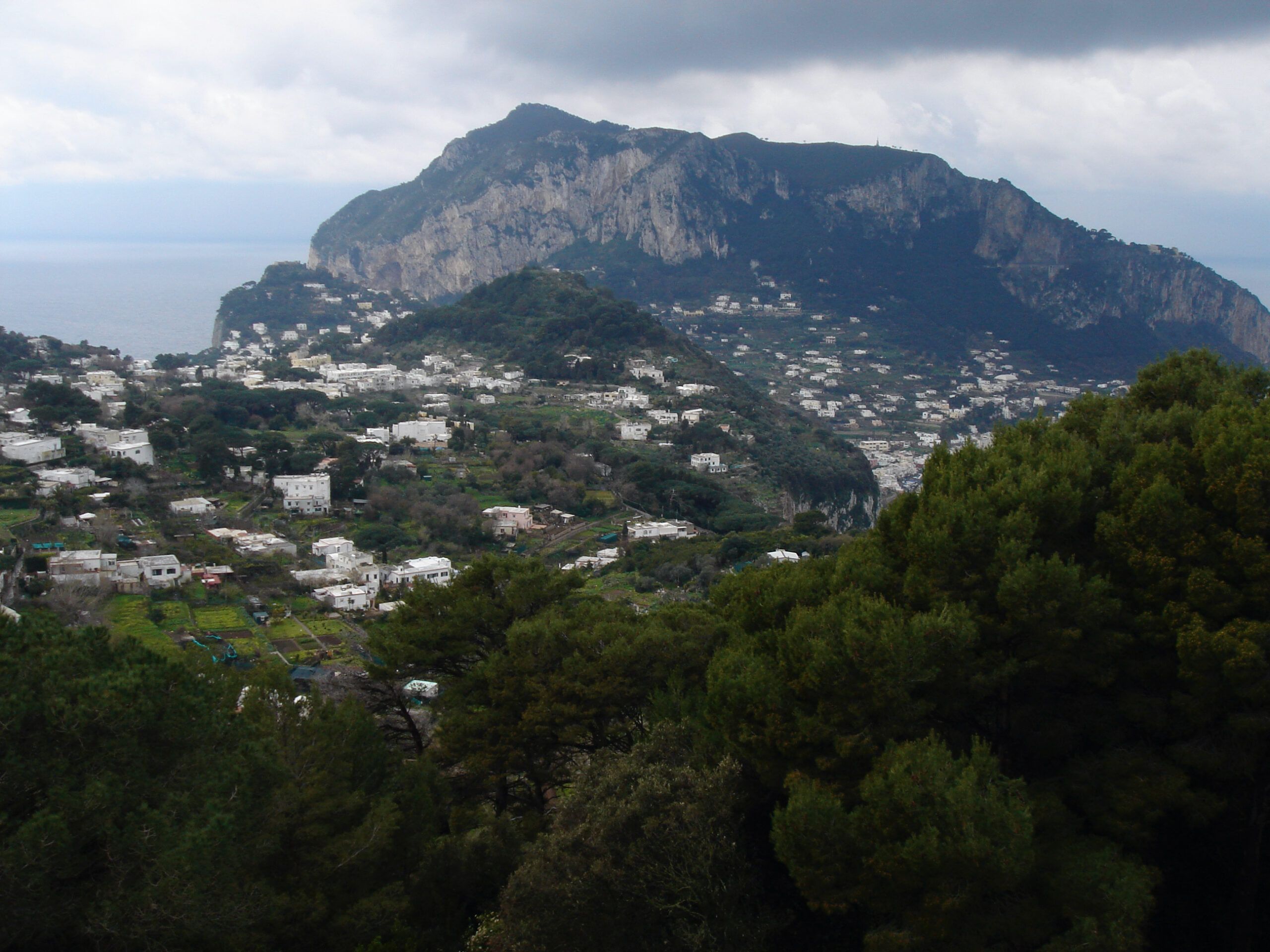 Sweeping view of the mountainous island landscape from Villa Jovis, with dense green trees and white buildings below.