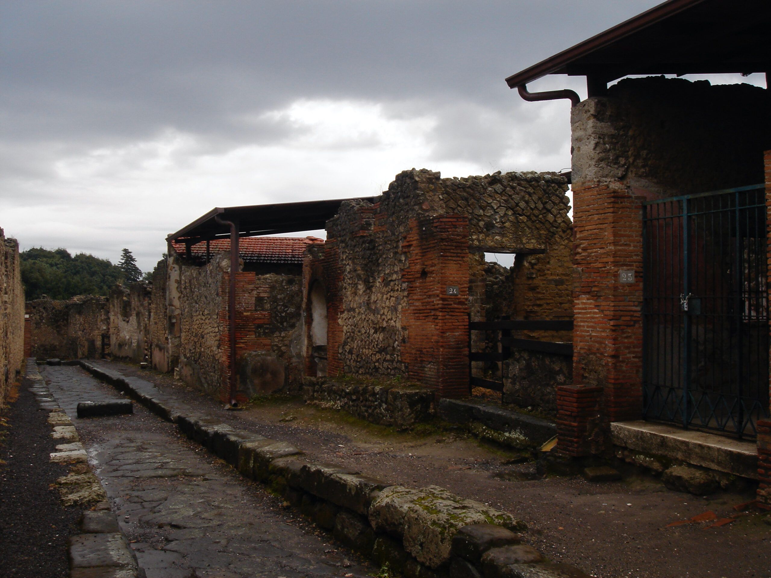 Narrow stone-paved street in Pompeii lined with ruined walls and buildings under a cloudy sky.