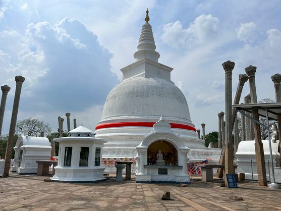 The gleaming white dome of the Thuparamaya stupa rises under a partly cloudy sky, surrounded by rows of ancient stone pillars and smaller shrines in Anuradhapura.