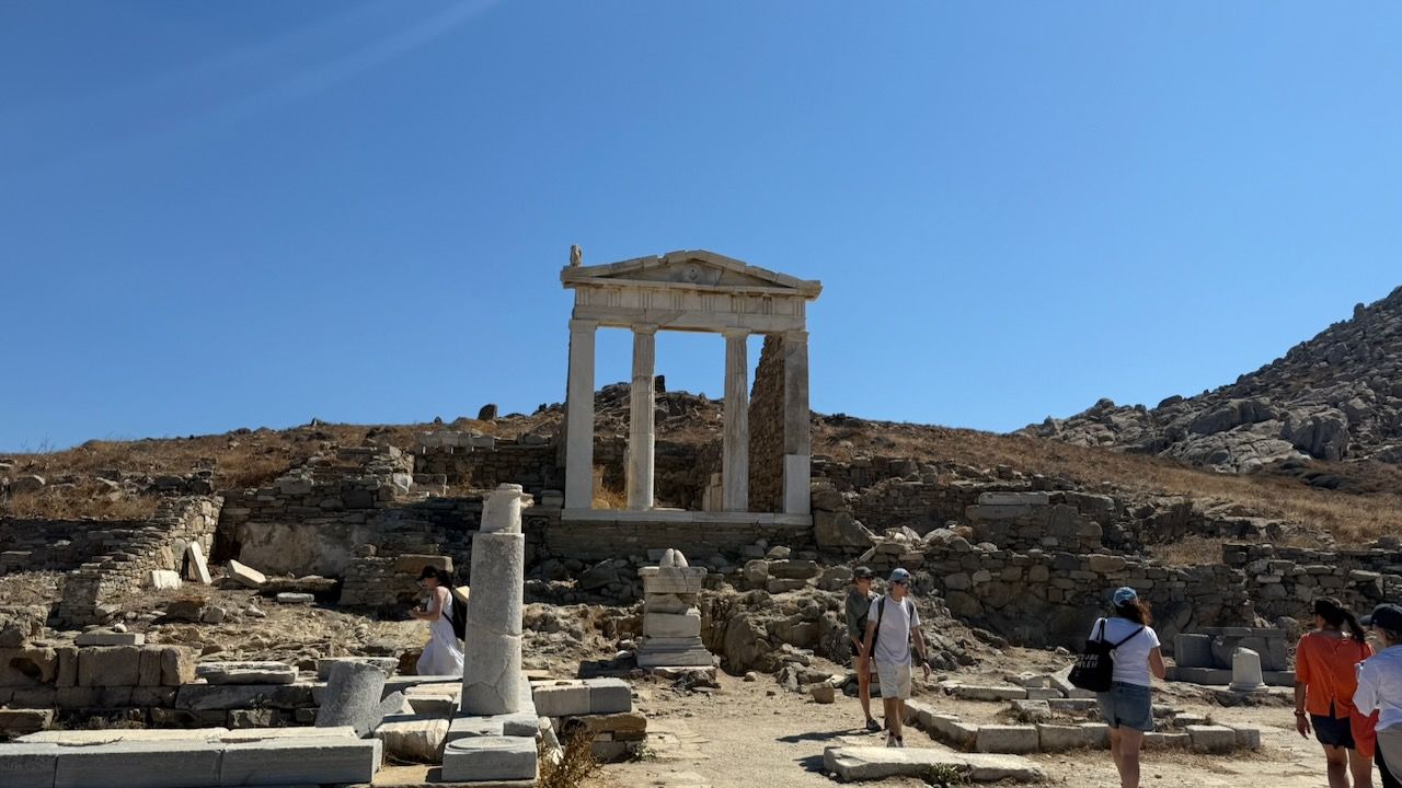 The front of the temple of Isis, which is now a pediment held aloft by four columns