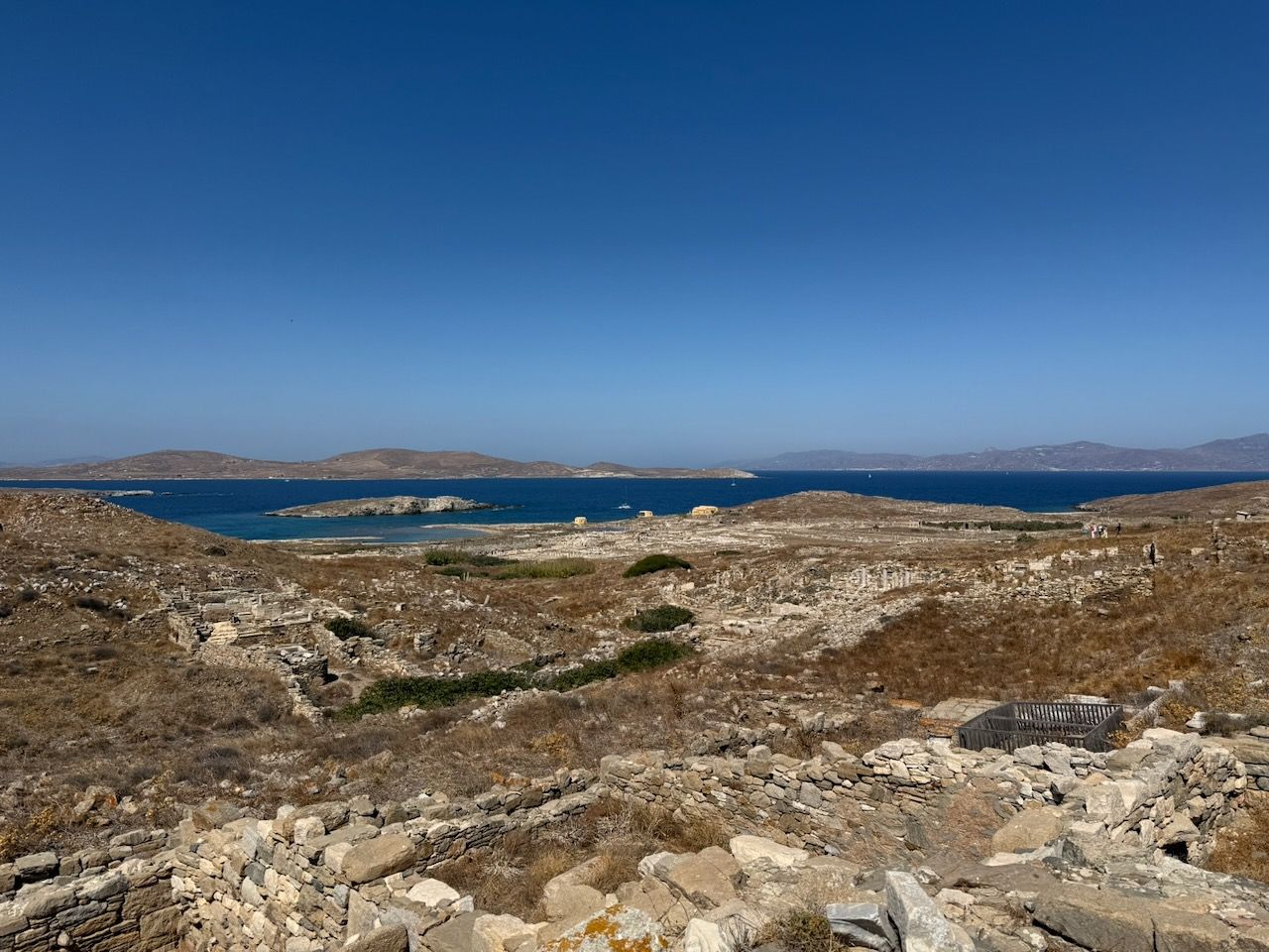 Looking across the entire settlement of Delos towards the sea and the neighbouring islands.