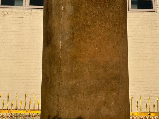 Close up of a stone pillar with an inscription on it in the Brahmi script, a strange, ancient form of writing