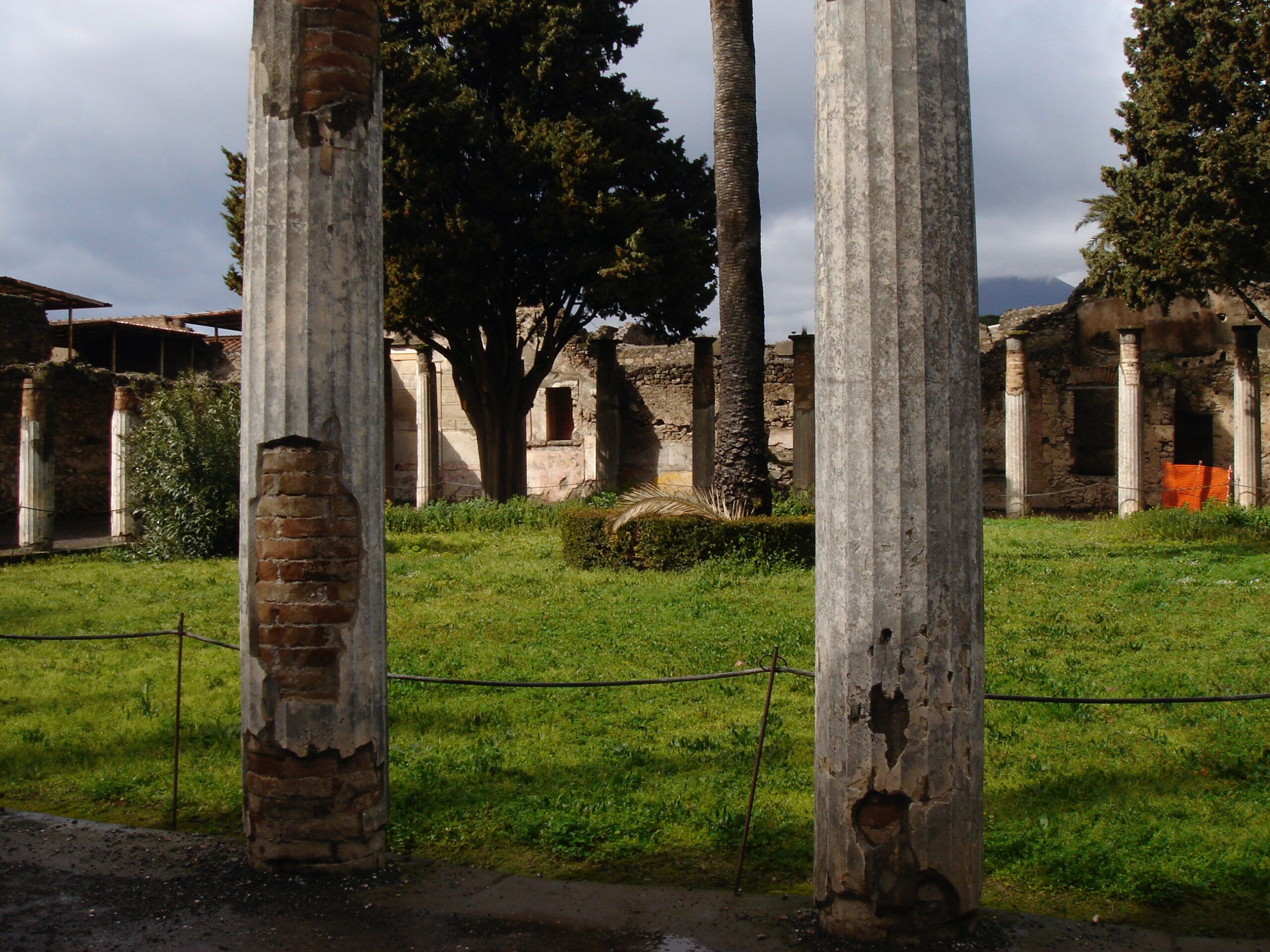 Overgrown peristyle garden at the House of the Faun in Pompeii, framed by fluted columns and bright greenery.