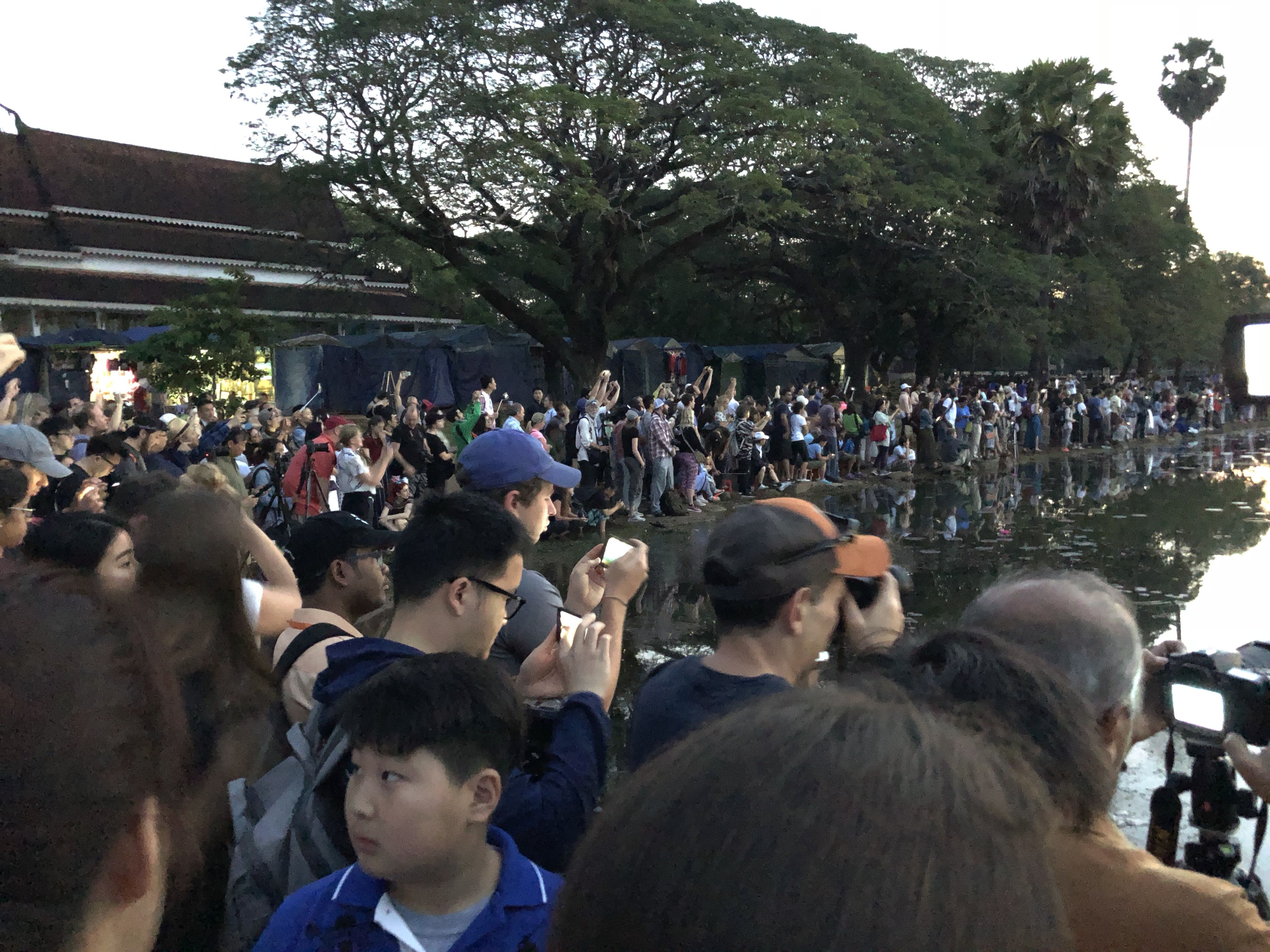 A packed crowd standing around the corner of the lake, with trees and tents in the background. Some are looking at their phones, others are looking at the temple, which is out of frame.