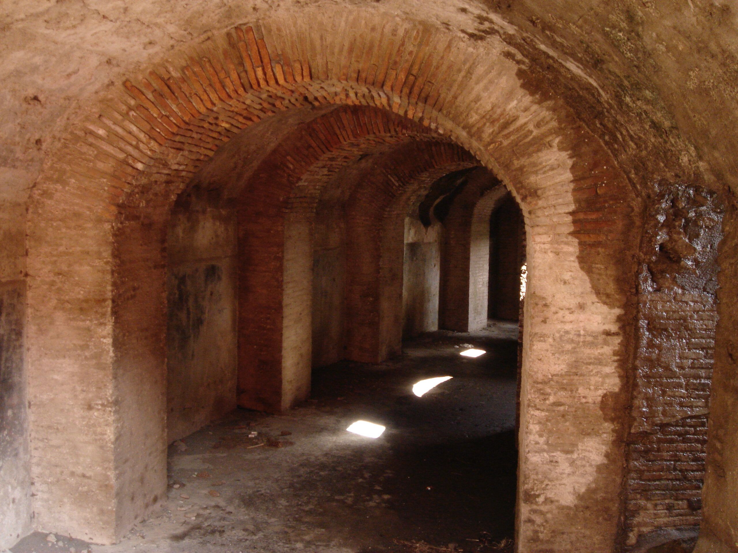 Vaulted corridor beneath the amphitheatre in Pompeii, lined with rough stone arches and dappled with soft light from small openings.