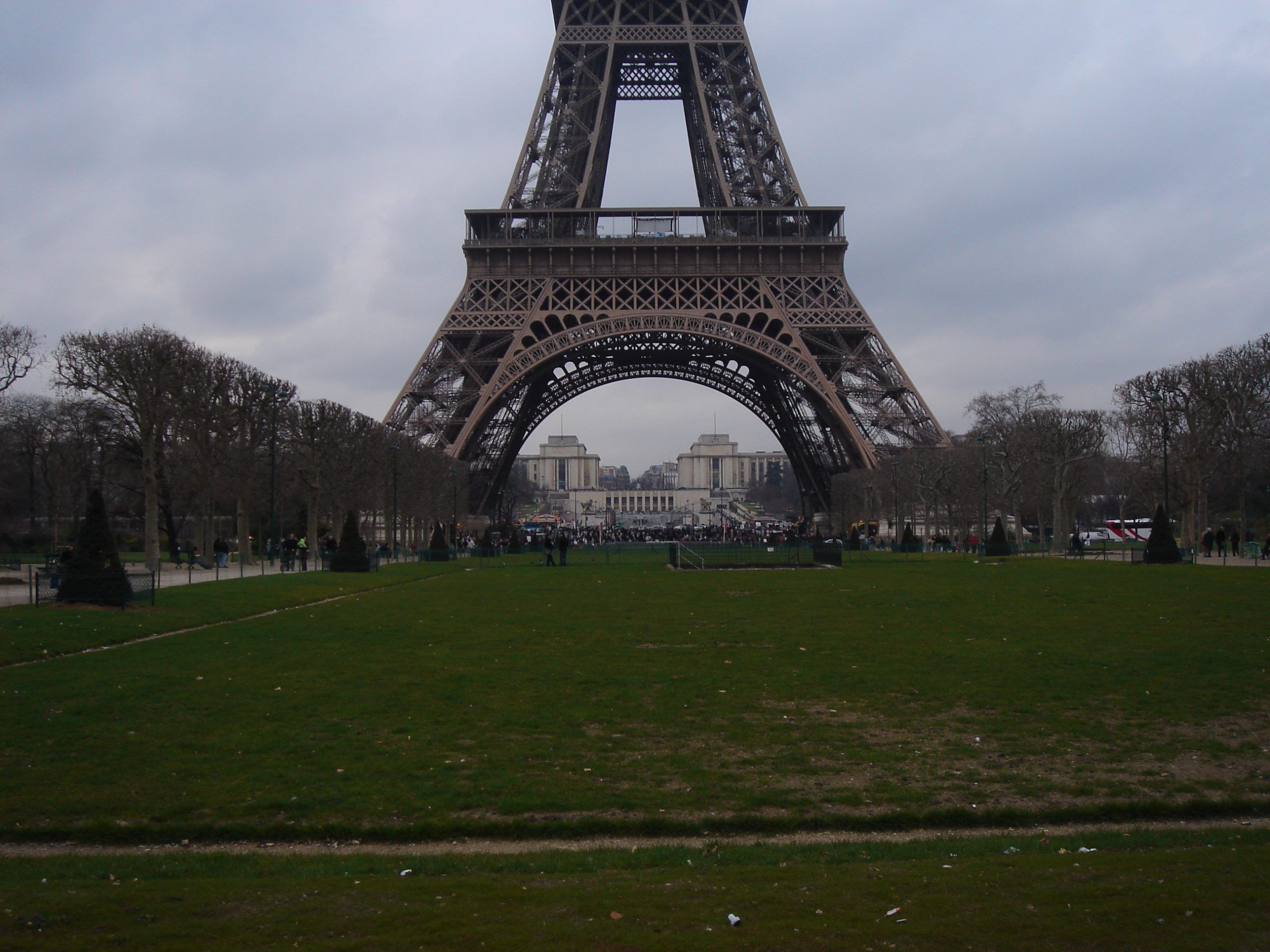 Eiffel Tower viewed from the Champ de Mars with a wide grassy lawn and symmetrical trees.