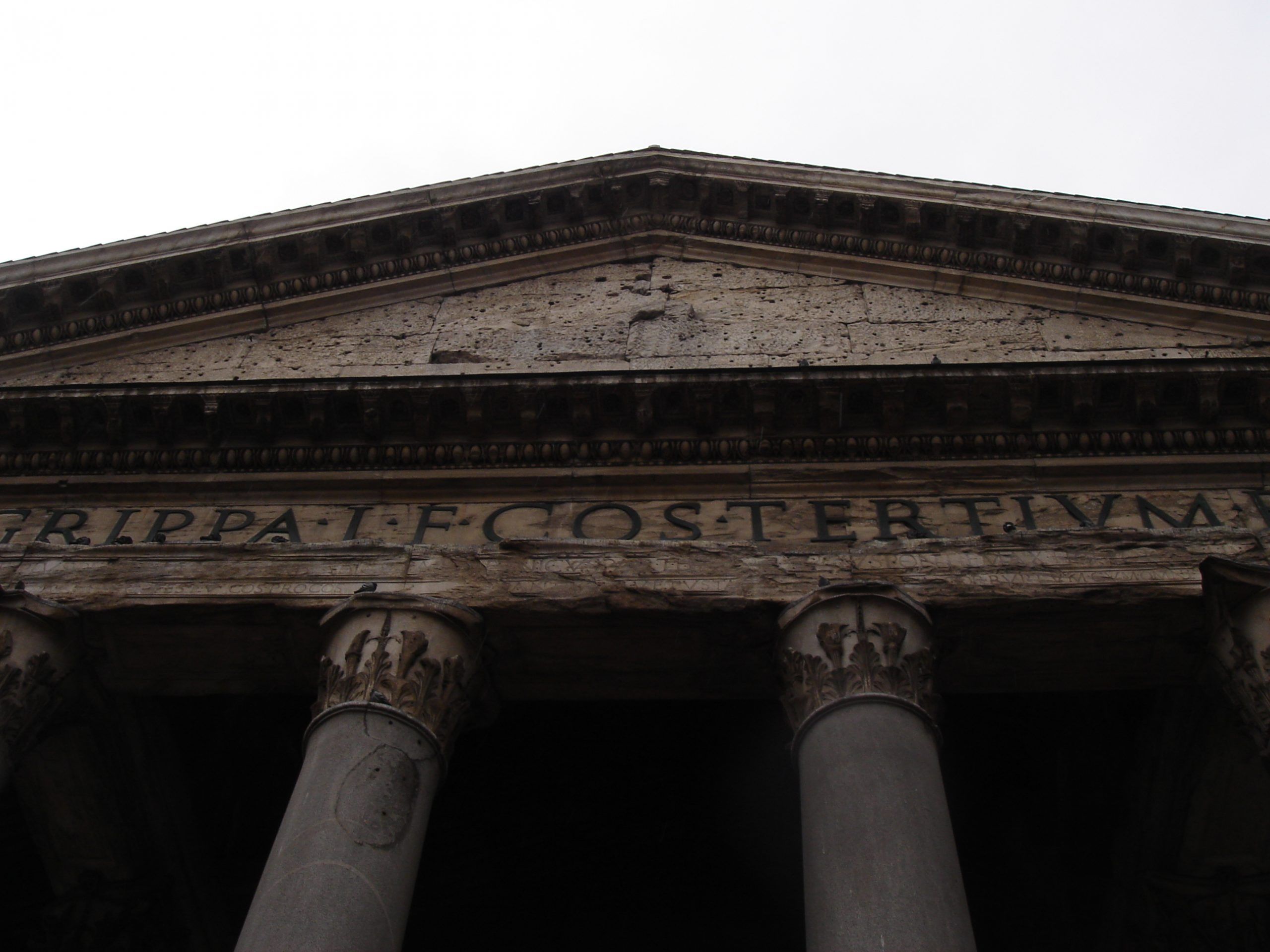 Close-up view of the inscription on the pediment of the Pantheon in Rome, showing the name of Agrippa.